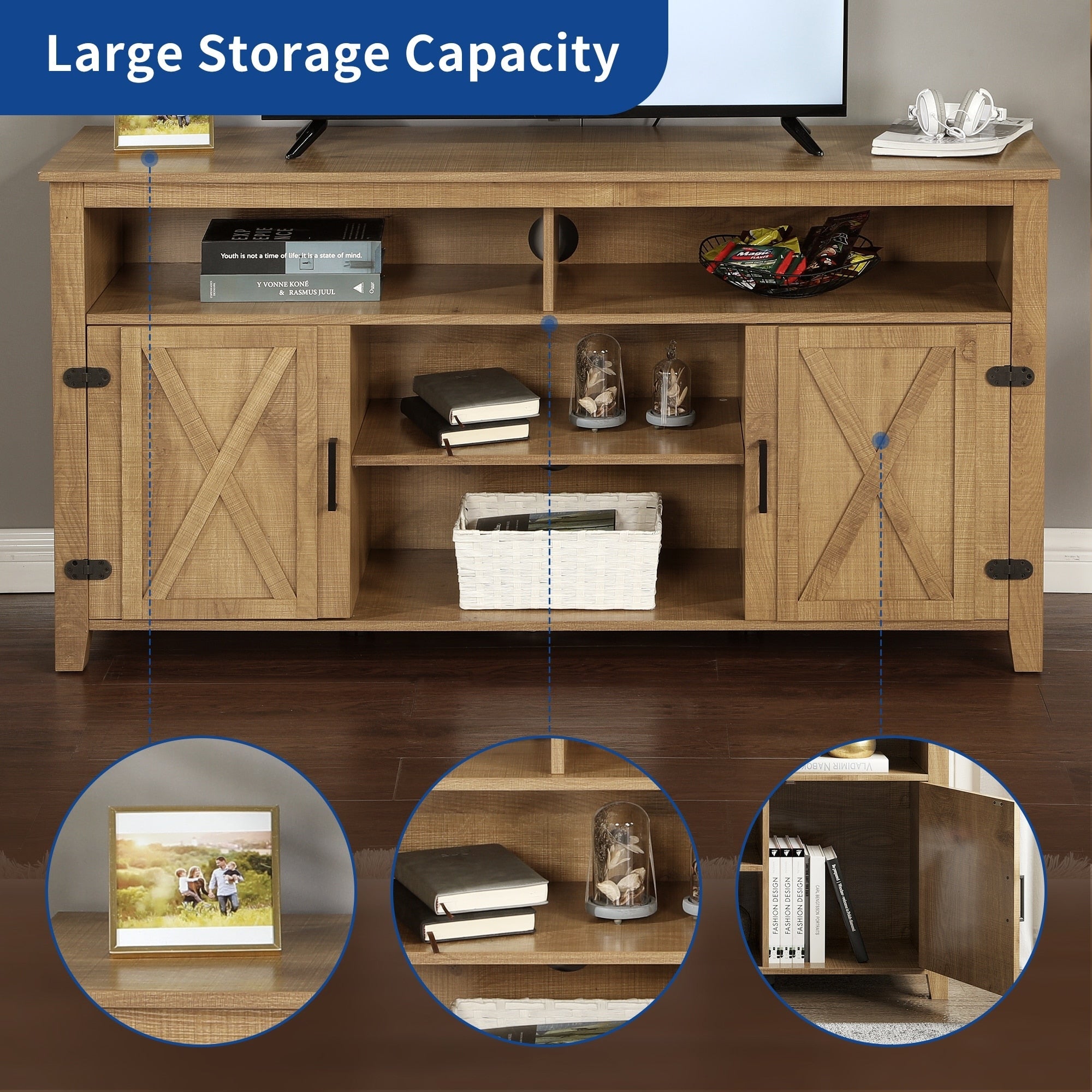 Farmhouse TV Stand for up to 65 TV with Doors and Open Shelves Media Console Power Outlet