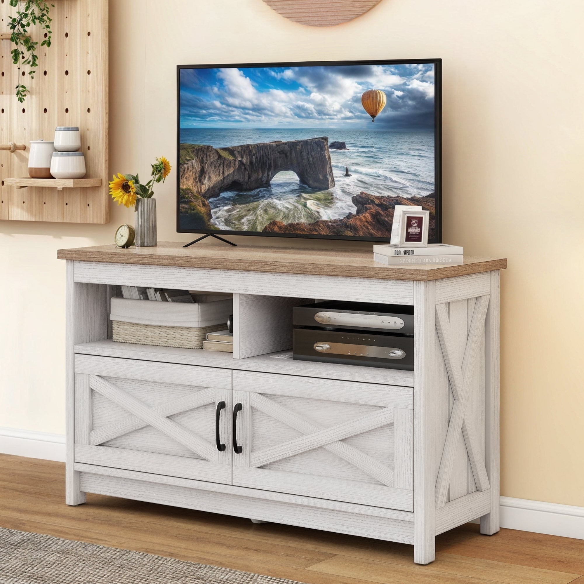 Farmhouse TV Stand for up to 65 TV with Doors and Open Shelves Media Console Power Outlet