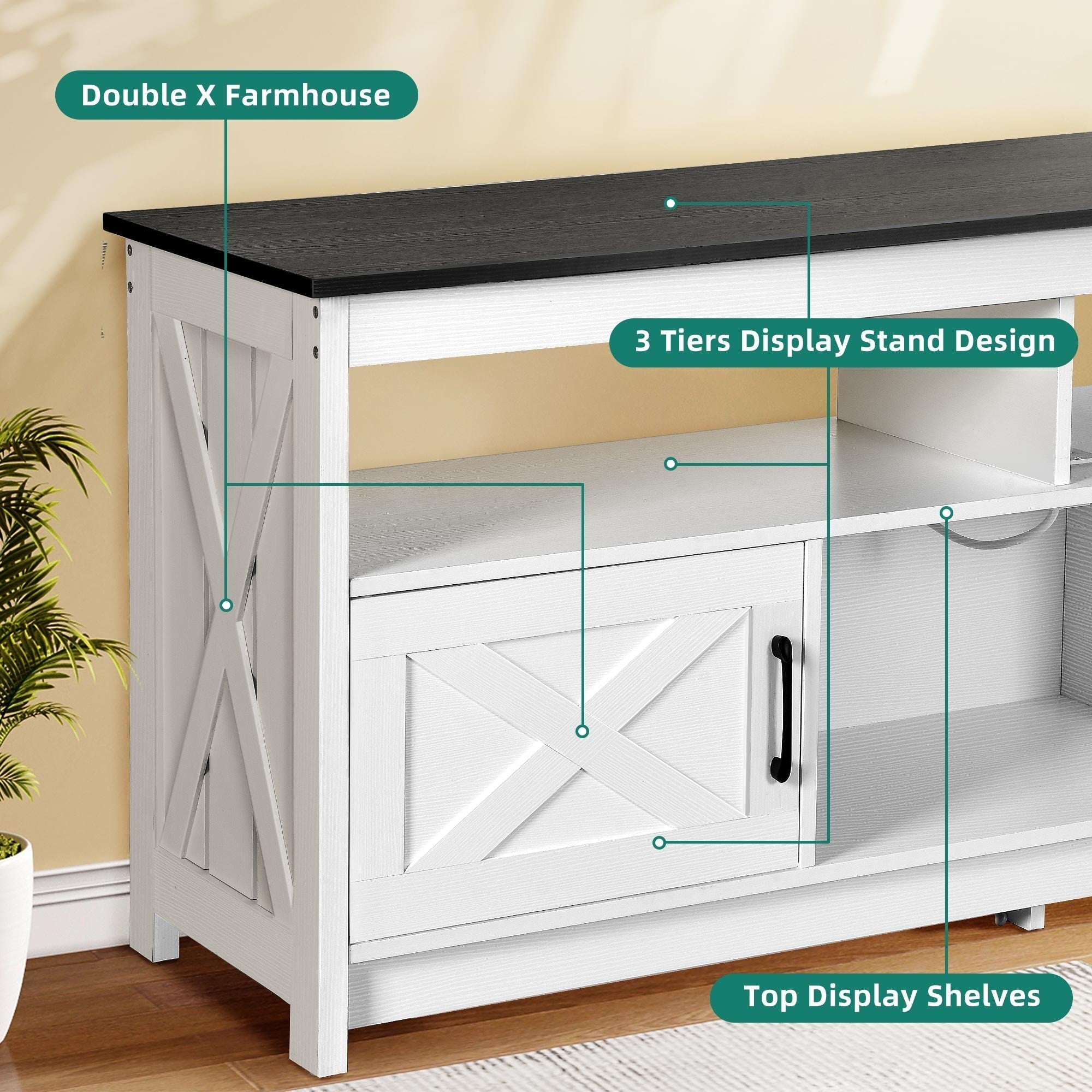 Farmhouse TV Stand for up to 65 TV with Doors and Open Shelves Media Console Power Outlet