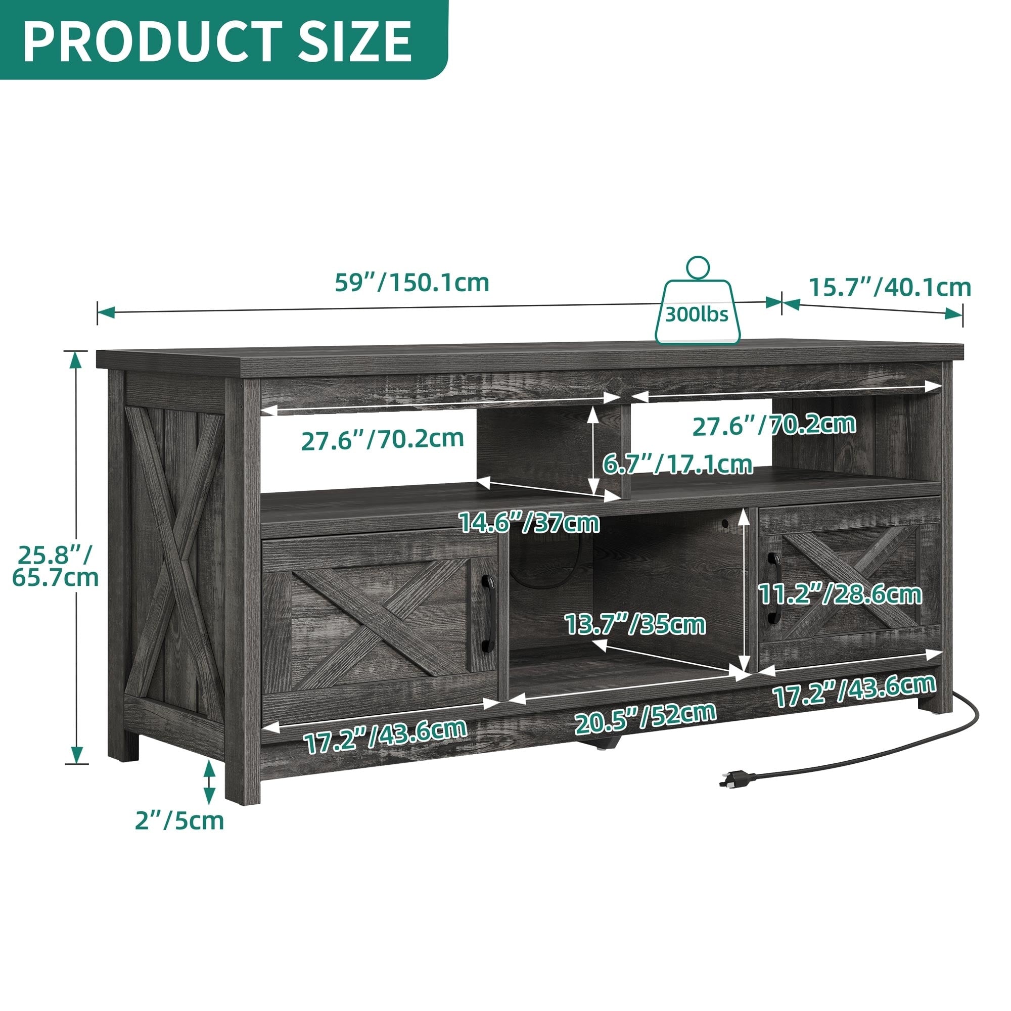 Farmhouse TV Stand for up to 65 TV with Doors and Open Shelves Media Console Power Outlet