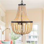 Lustre en perles de bois de style ferme, éclairage moderne