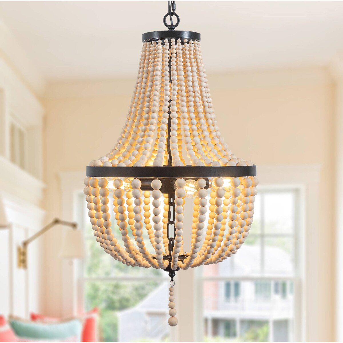 Lustre en perles de bois de style ferme, éclairage moderne