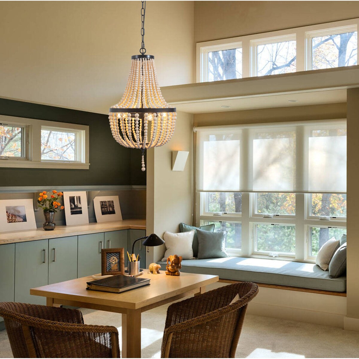Lustre en perles de bois de style ferme, éclairage moderne