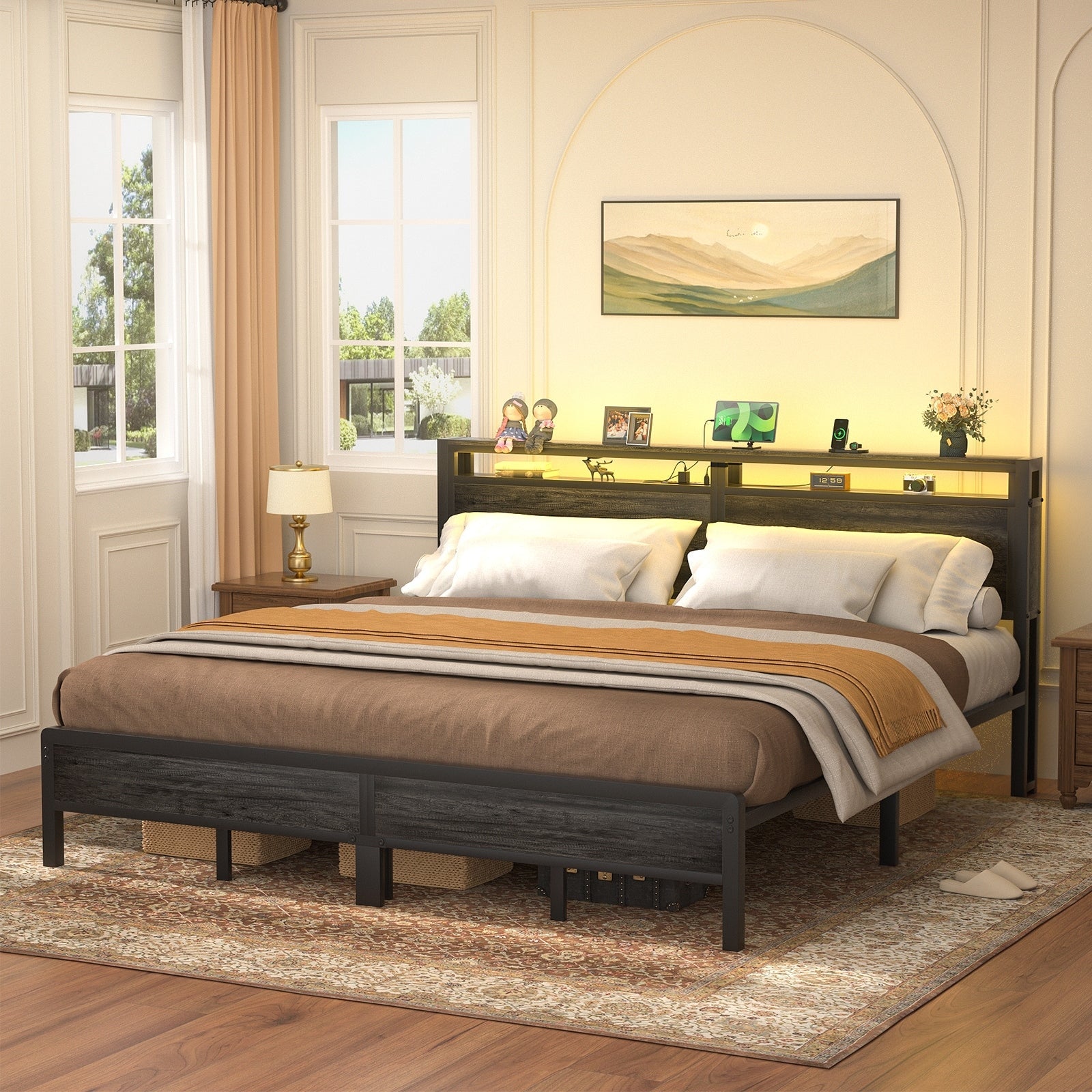 Farmhouse Wood Platform Bed Frame with Charged Station and LED Lights