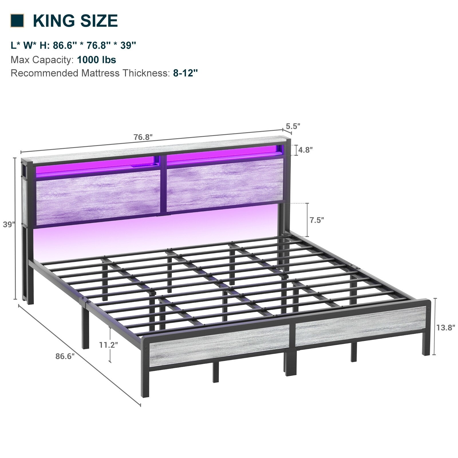 Farmhouse Wood Platform Bed Frame with Charged Station and LED Lights