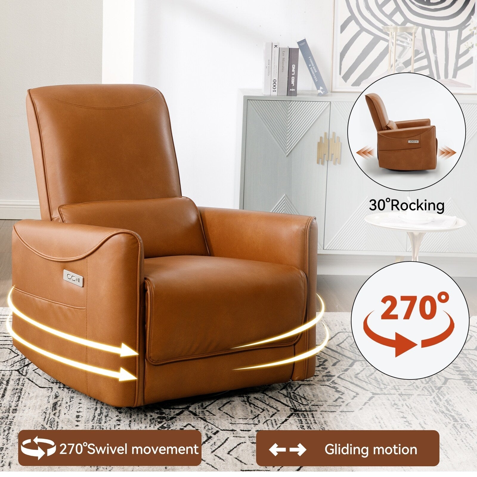 Fauteuil inclinable électrique pivotant à 270° en similicuir avec coussins lombaires, 2 poches latérales, ports USB et Type-C