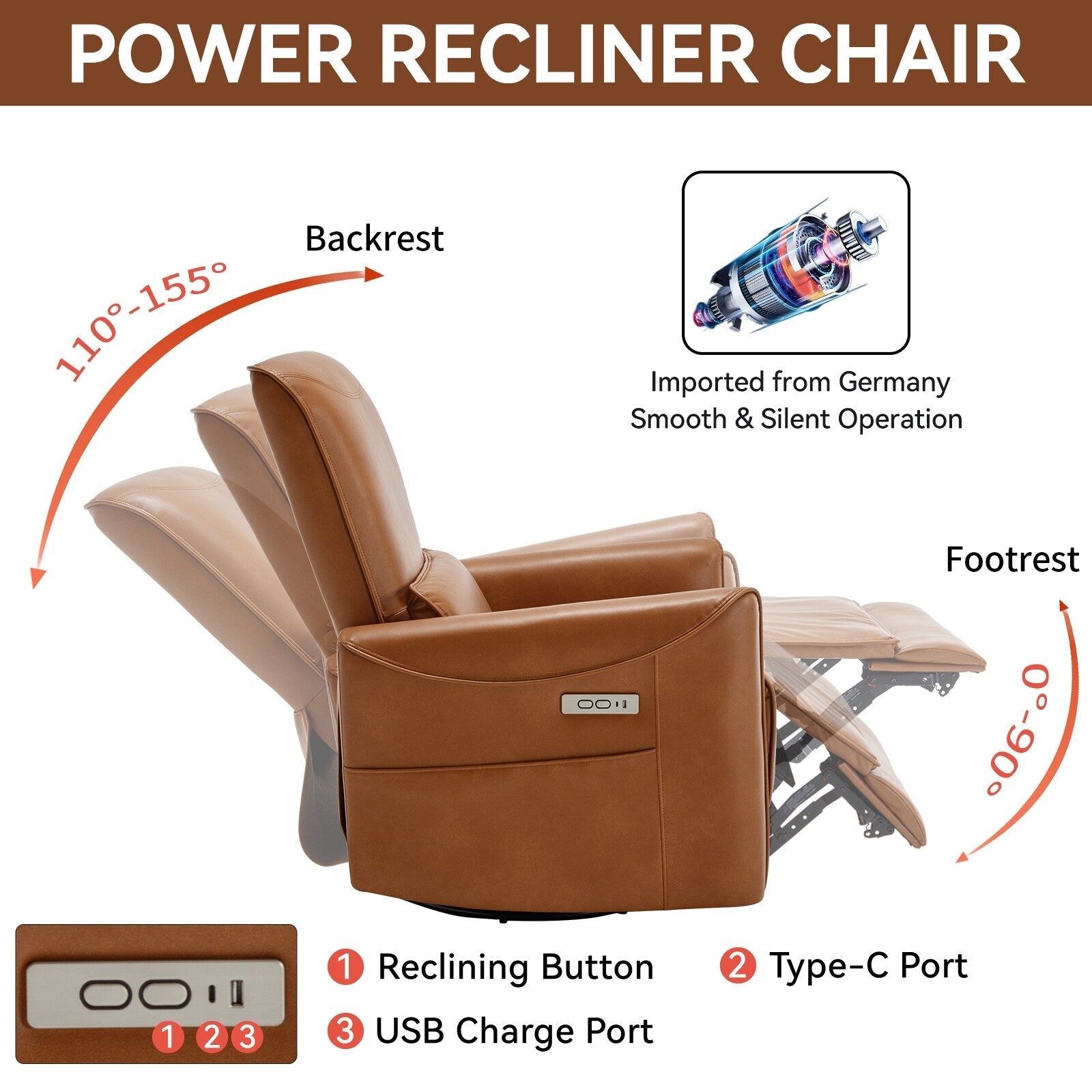 Fauteuil inclinable électrique pivotant à 270° en similicuir avec coussins lombaires, 2 poches latérales, ports USB et Type-C