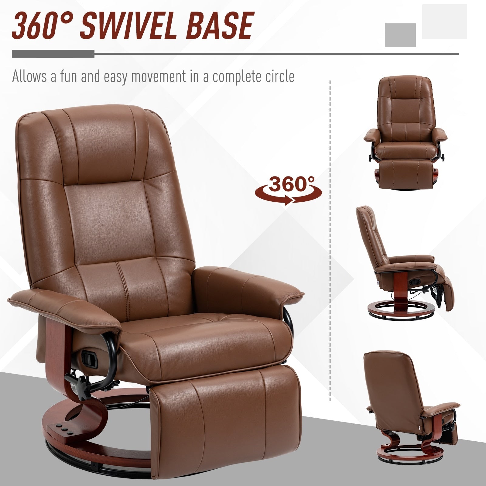 Fauteuil inclinable pivotant manuel en similicuir avec repose-pieds, accoudoirs et base en bois enveloppée