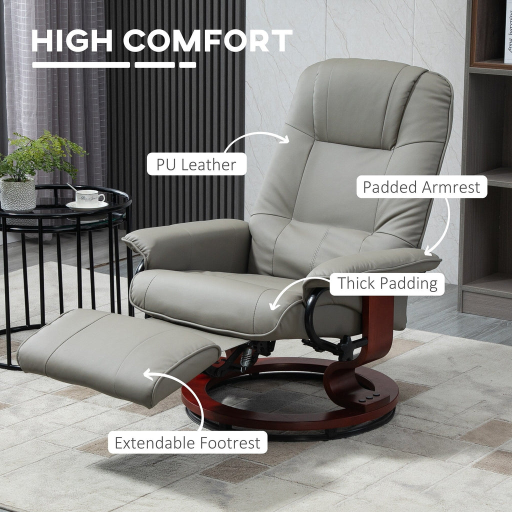 Fauteuil inclinable pivotant manuel en similicuir avec repose-pieds, accoudoirs et base en bois enveloppée