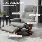 Fauteuil inclinable pivotant manuel en similicuir avec repose-pieds, accoudoirs et base en bois enveloppée