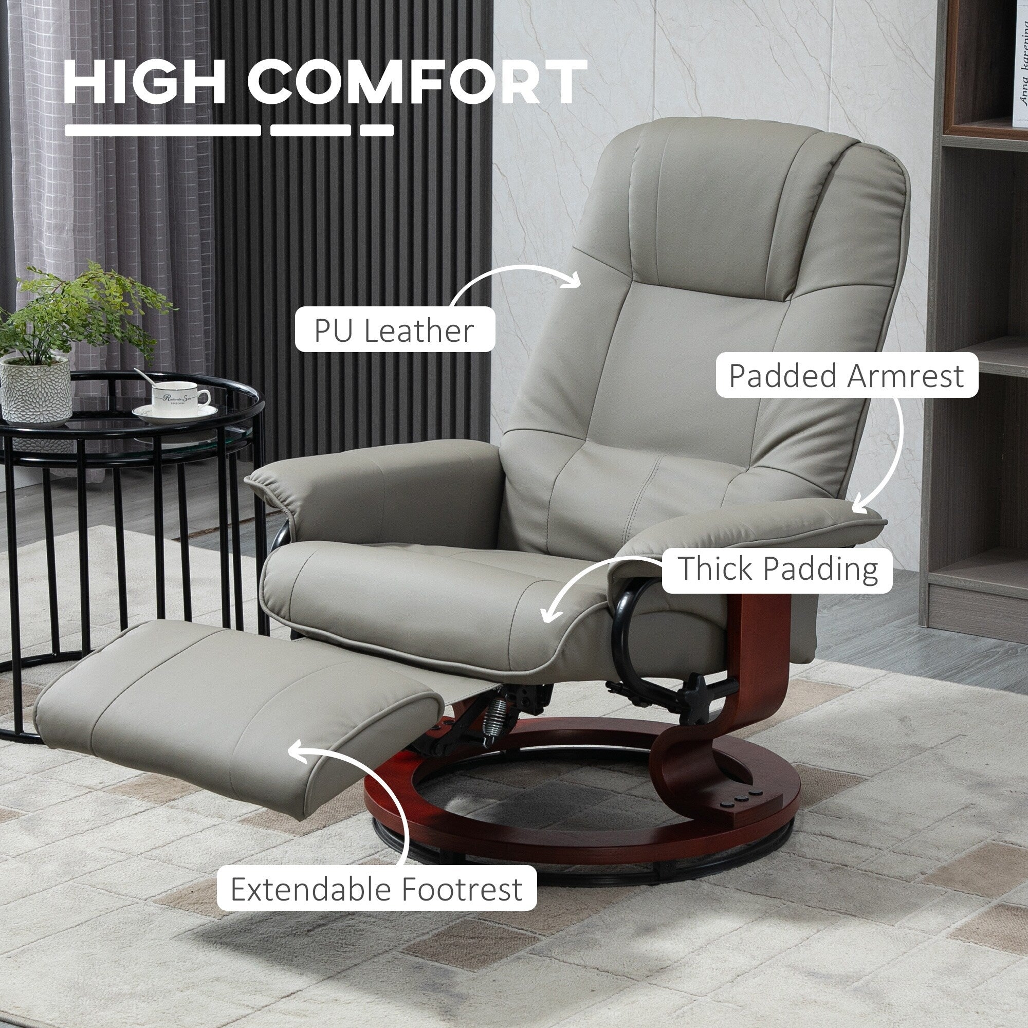 Fauteuil inclinable pivotant manuel en similicuir avec repose-pieds, accoudoirs et base en bois enveloppée