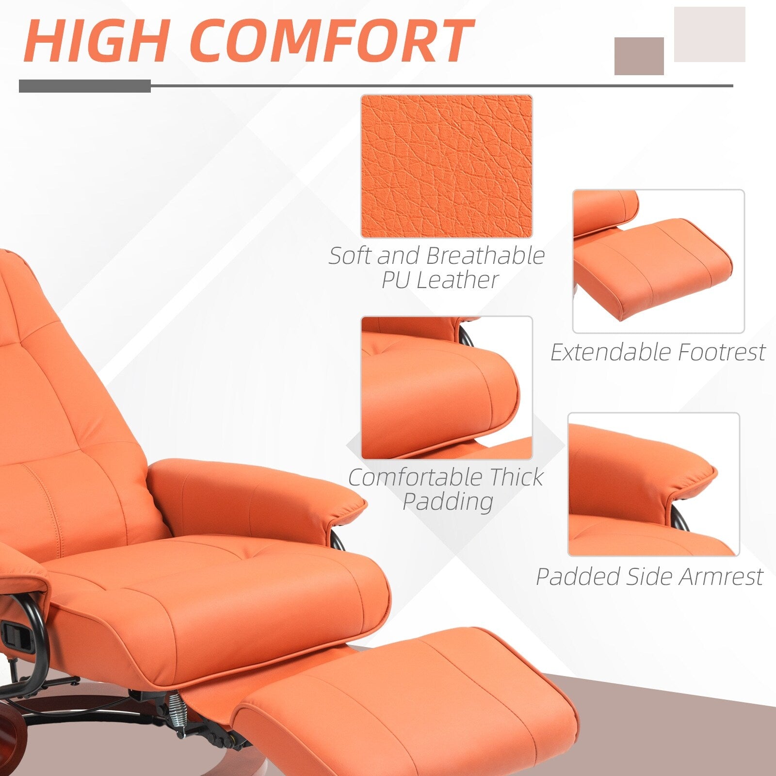 Fauteuil inclinable pivotant manuel en similicuir avec repose-pieds, accoudoirs et base en bois enveloppée
