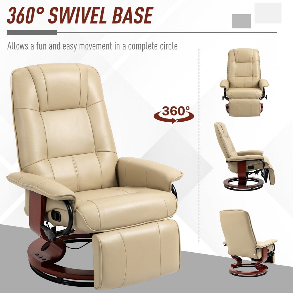 Fauteuil inclinable pivotant manuel en similicuir avec repose-pieds, accoudoirs et base en bois enveloppée