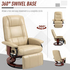 Fauteuil inclinable pivotant manuel en similicuir avec repose-pieds, accoudoirs et base en bois enveloppée