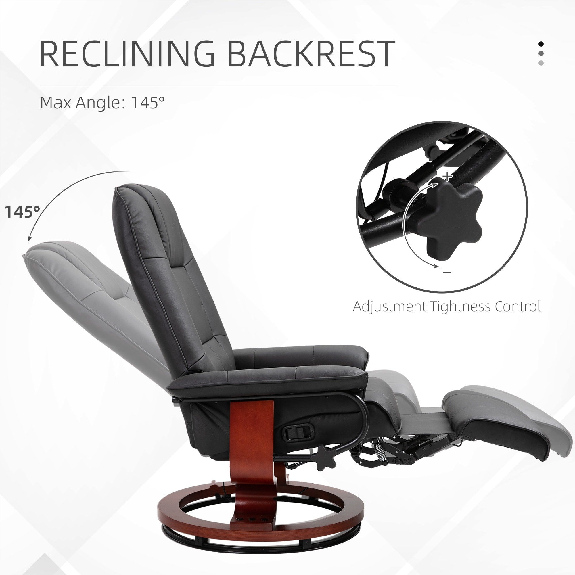 Fauteuil inclinable pivotant manuel en similicuir avec repose-pieds, accoudoirs et base en bois enveloppée