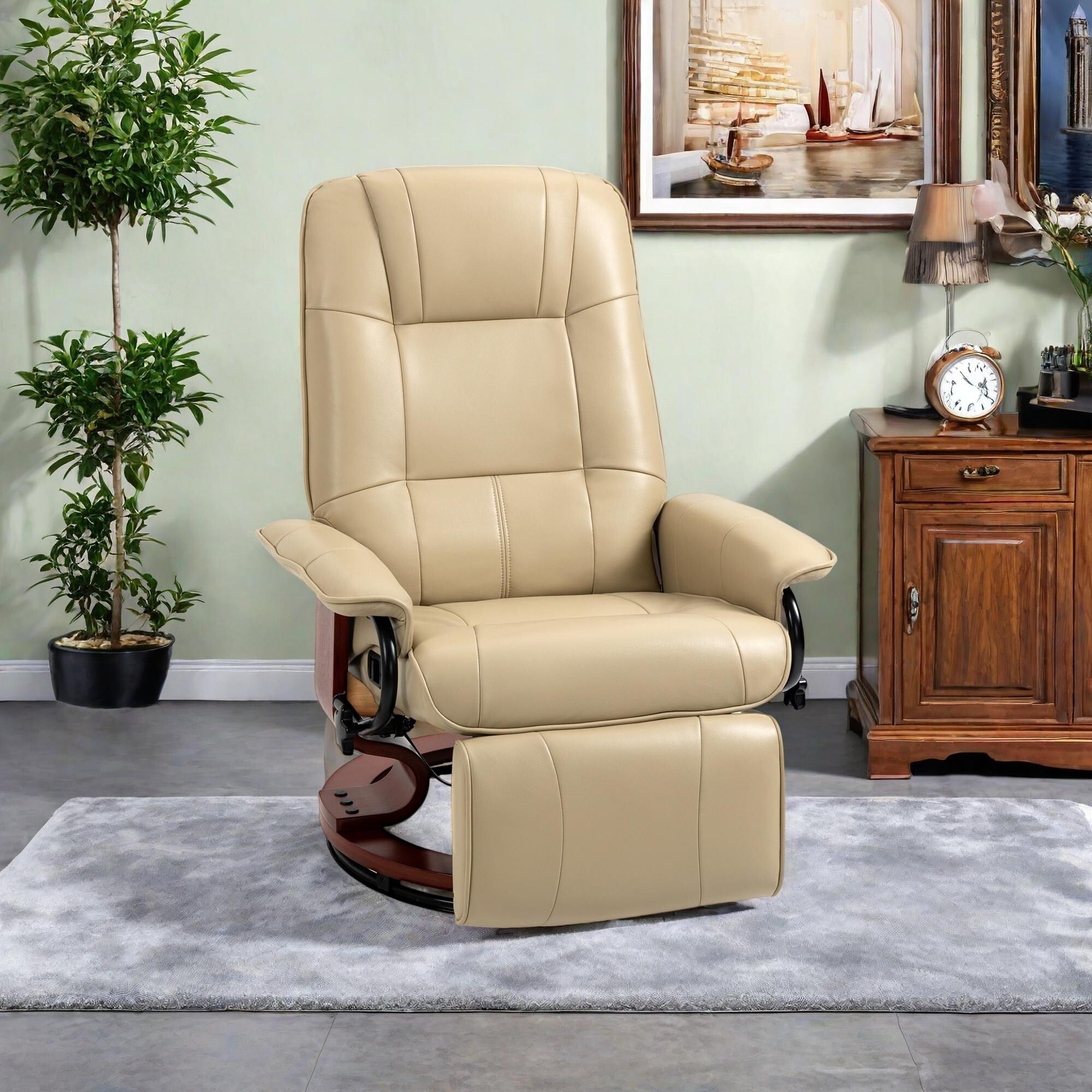 Fauteuil inclinable pivotant manuel en similicuir avec repose-pieds, accoudoirs et base en bois enveloppée