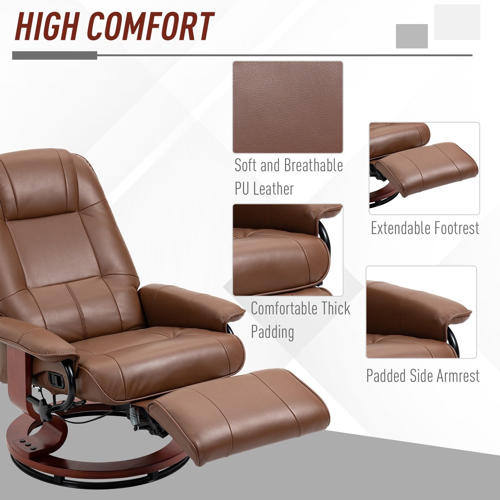 Fauteuil inclinable pivotant manuel en similicuir avec repose-pieds, accoudoirs et base en bois enveloppée
