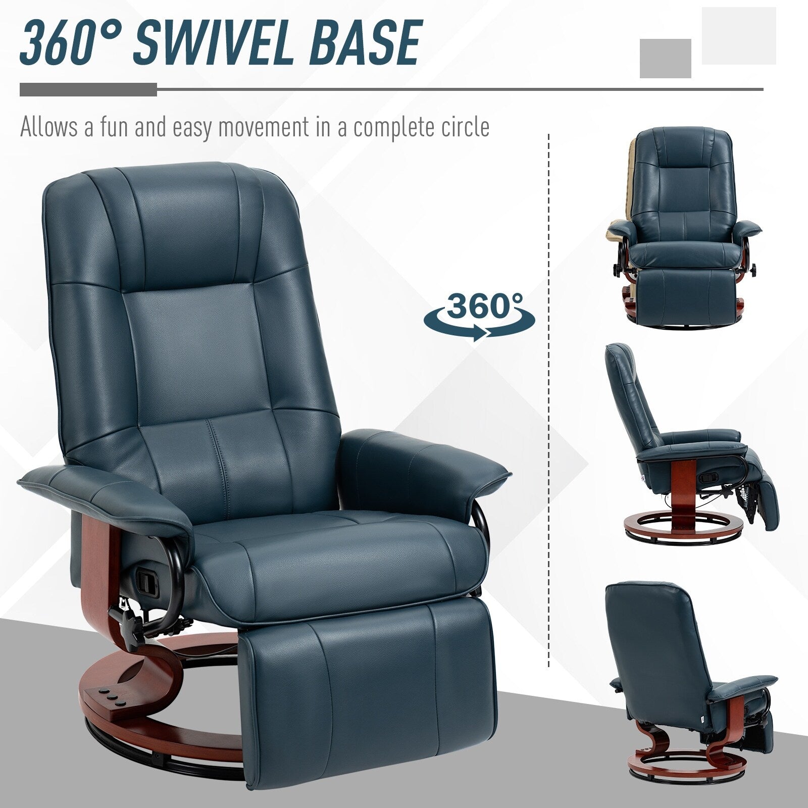 Fauteuil inclinable pivotant manuel en similicuir avec repose-pieds, accoudoirs et base en bois enveloppée