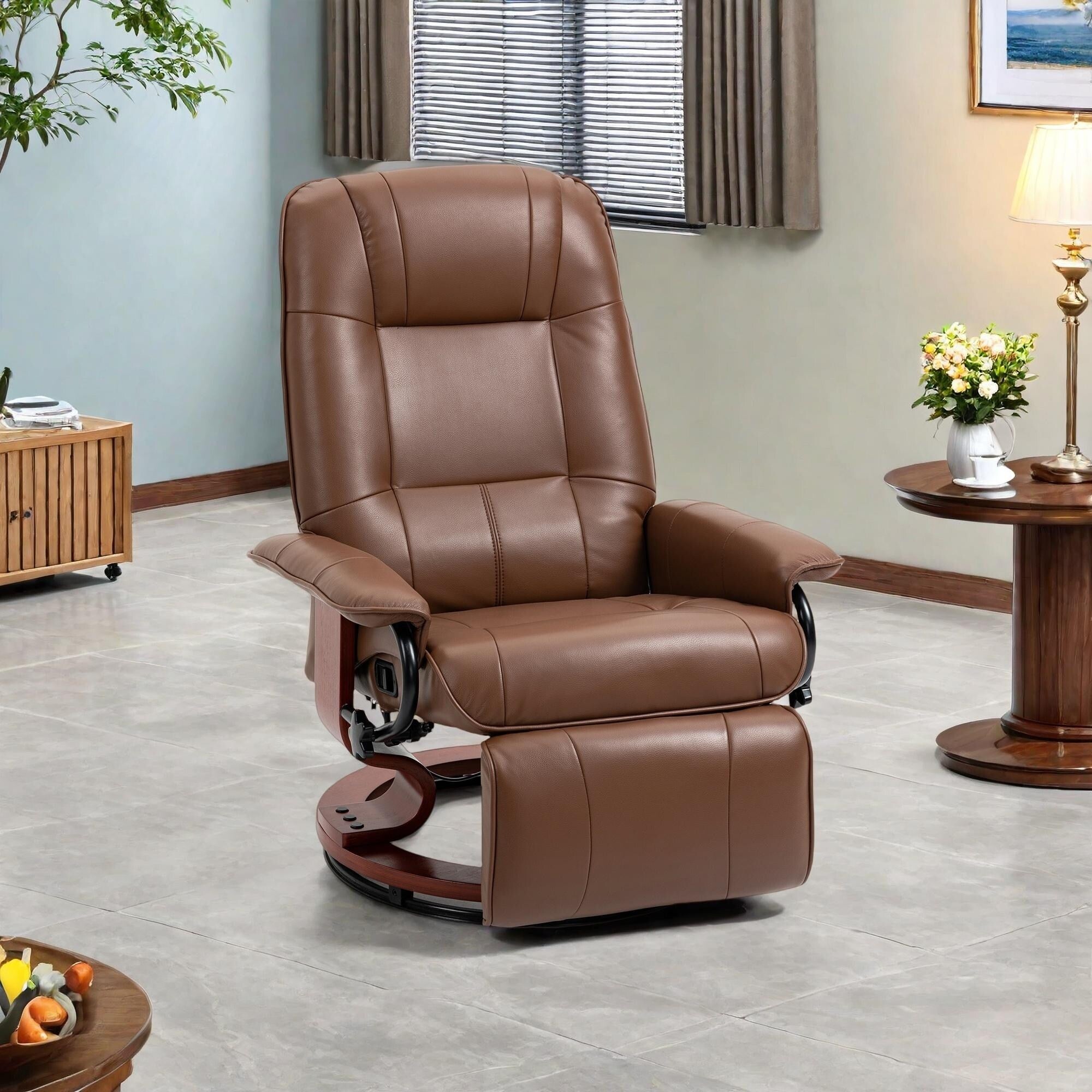 Fauteuil inclinable pivotant manuel en similicuir avec repose-pieds, accoudoirs et base en bois enveloppée