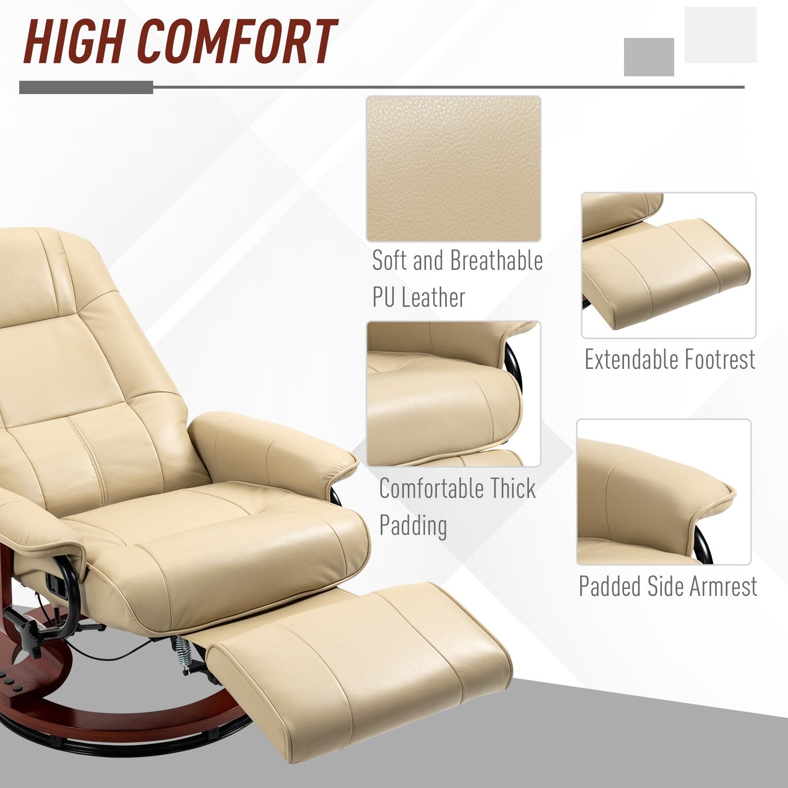 Fauteuil inclinable pivotant manuel en similicuir avec repose-pieds, accoudoirs et base en bois enveloppée