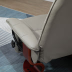 Fauteuil inclinable pivotant manuel en similicuir avec repose-pieds, accoudoirs et base en bois enveloppée
