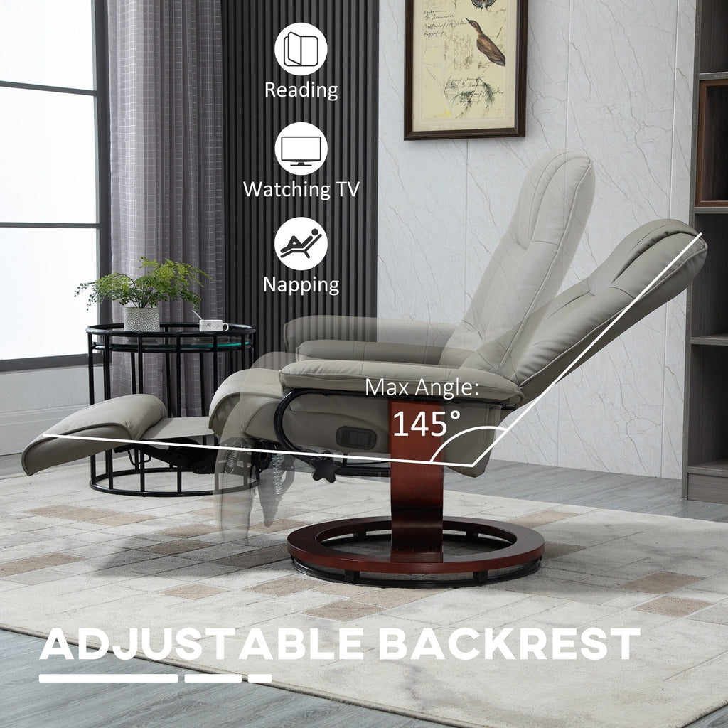 Fauteuil inclinable pivotant manuel en similicuir avec repose-pieds, accoudoirs et base en bois enveloppée