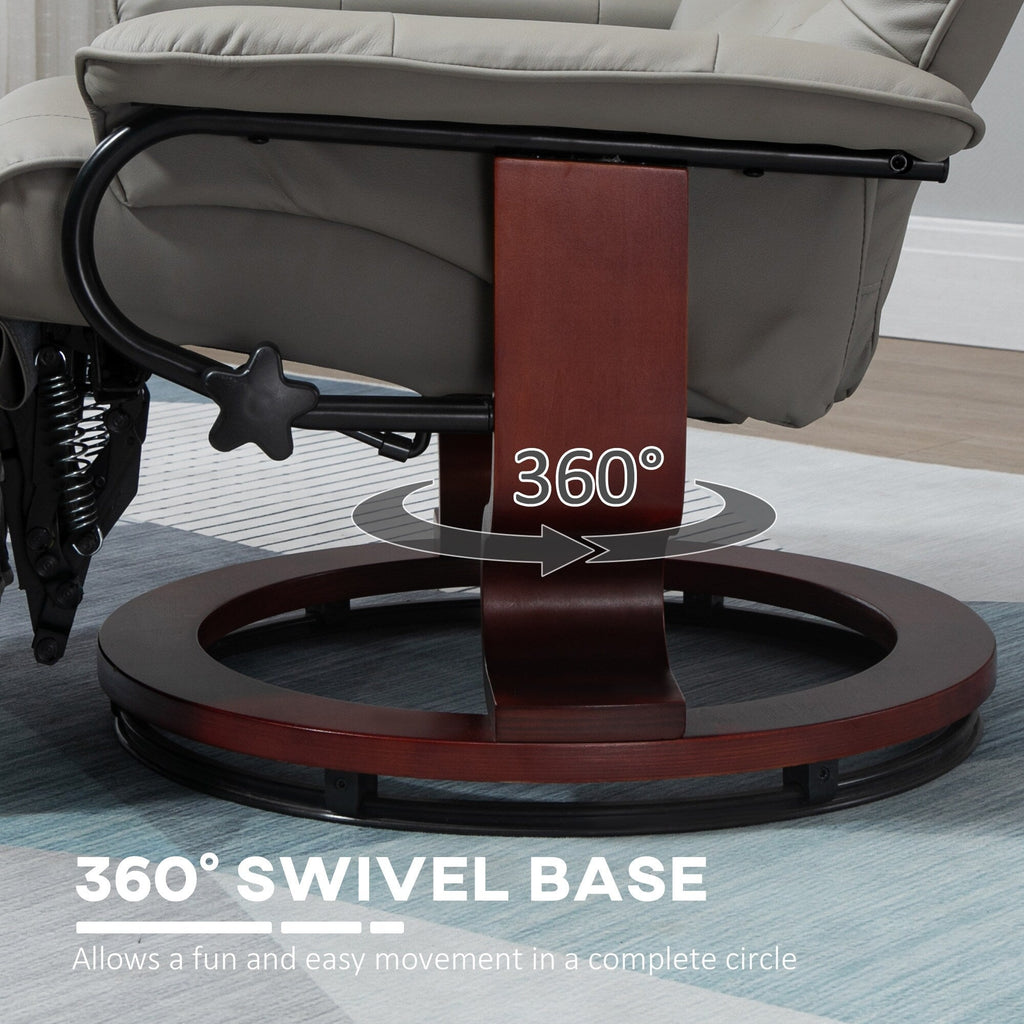 Fauteuil inclinable pivotant manuel en similicuir avec repose-pieds, accoudoirs et base en bois enveloppée