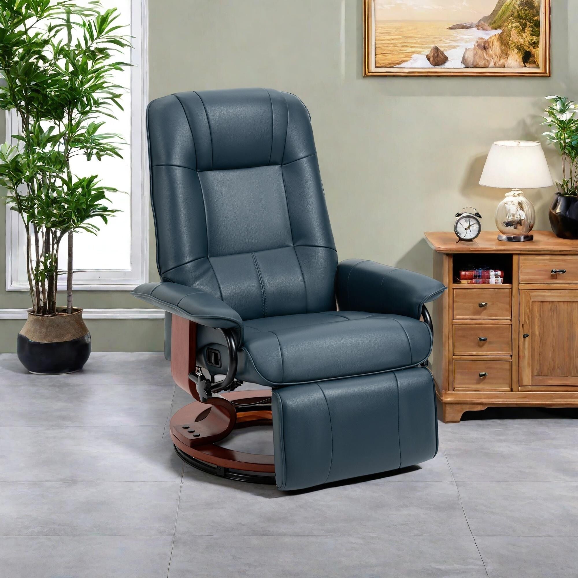 Fauteuil inclinable pivotant manuel en similicuir avec repose-pieds, accoudoirs et base en bois enveloppée