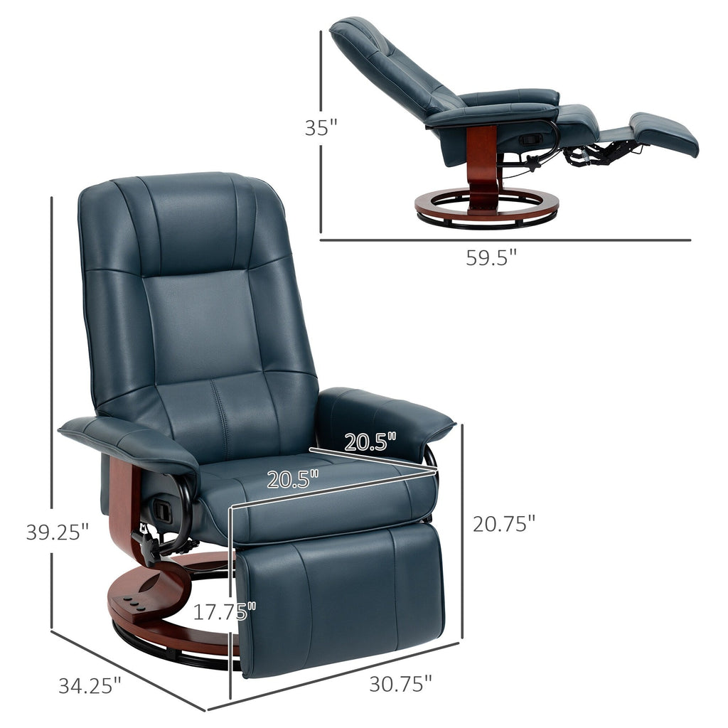 Fauteuil inclinable pivotant manuel en similicuir avec repose-pieds, accoudoirs et base en bois enveloppée