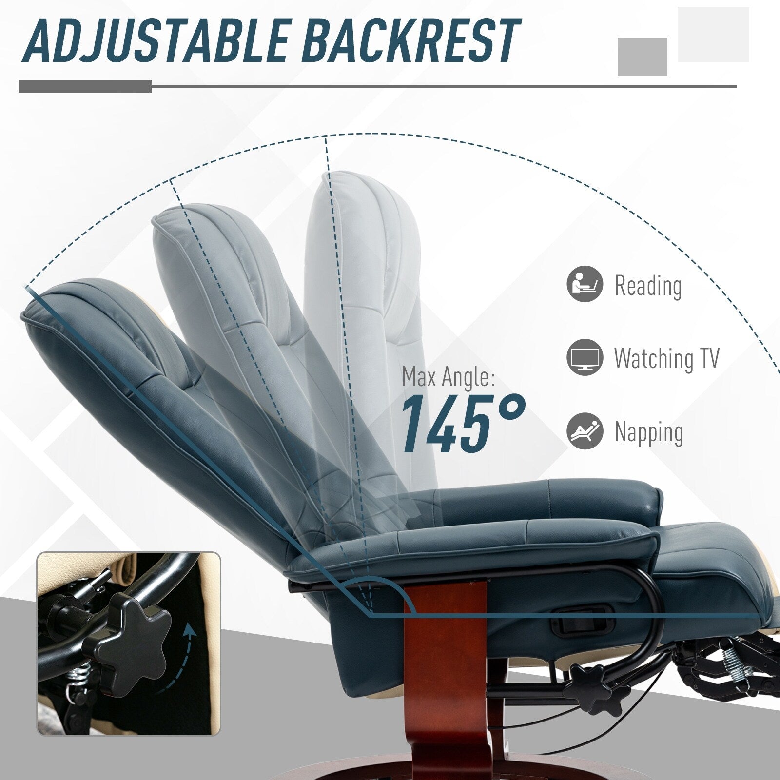 Fauteuil inclinable pivotant manuel en similicuir avec repose-pieds, accoudoirs et base en bois enveloppée
