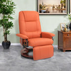 Fauteuil inclinable pivotant manuel en similicuir avec repose-pieds, accoudoirs et base en bois enveloppée