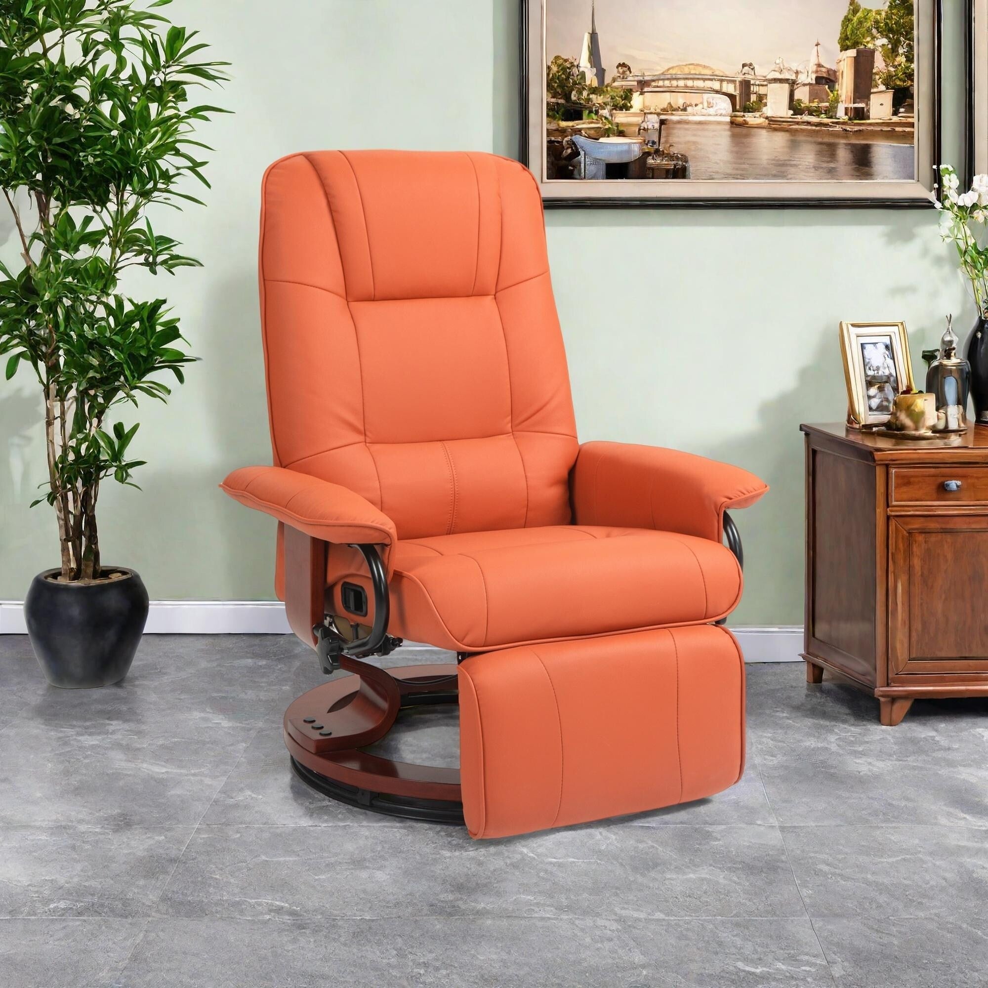 Fauteuil inclinable pivotant manuel en similicuir avec repose-pieds, accoudoirs et base en bois enveloppée