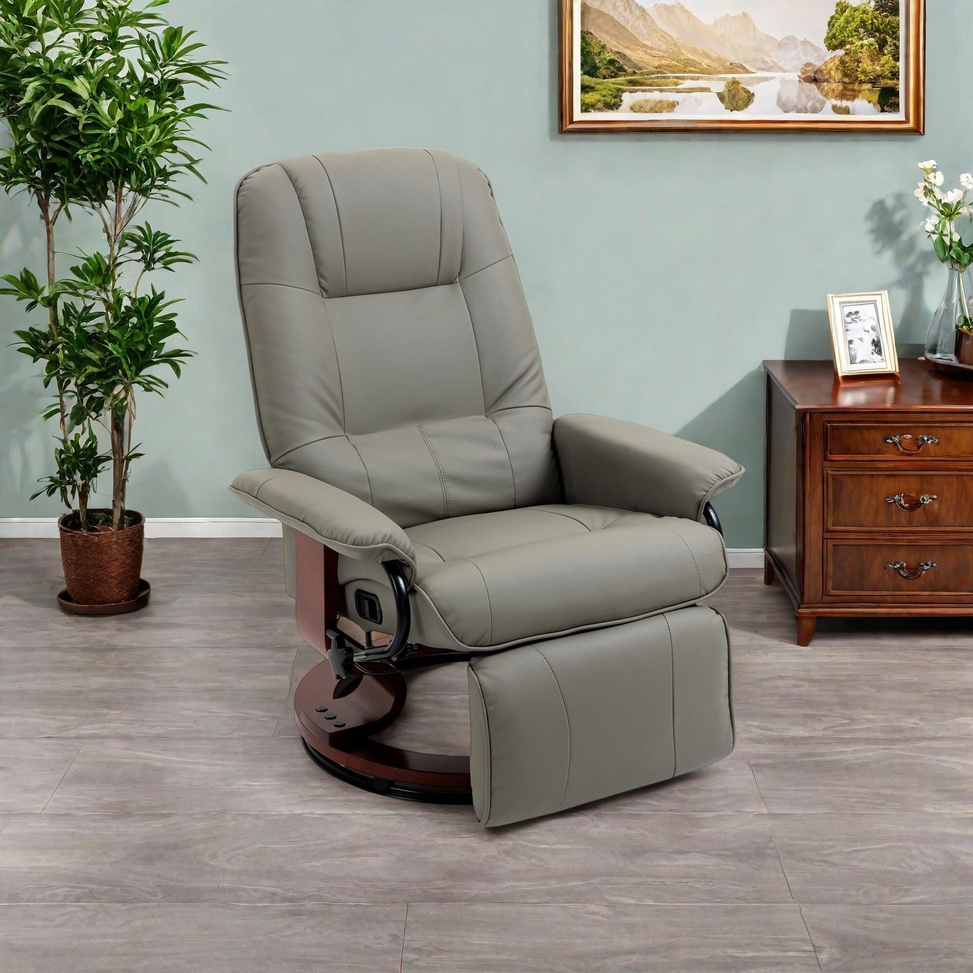 Fauteuil inclinable pivotant manuel en similicuir avec repose-pieds, accoudoirs et base en bois enveloppée