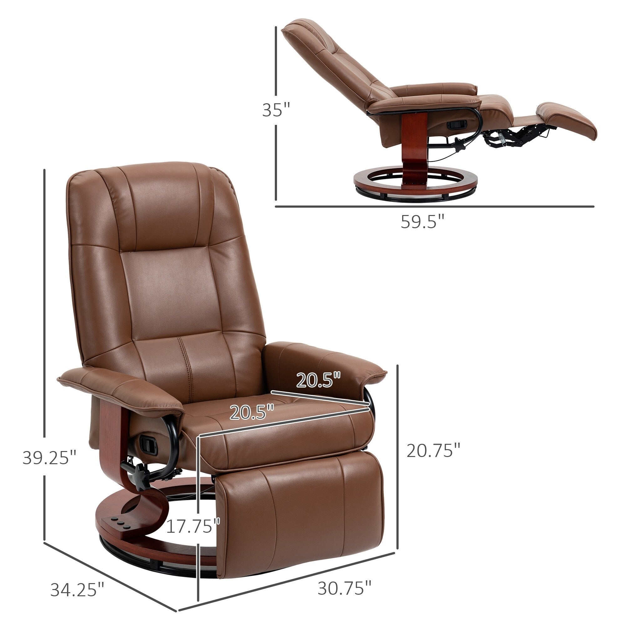 Fauteuil inclinable pivotant manuel en similicuir avec repose-pieds, accoudoirs et base en bois enveloppée