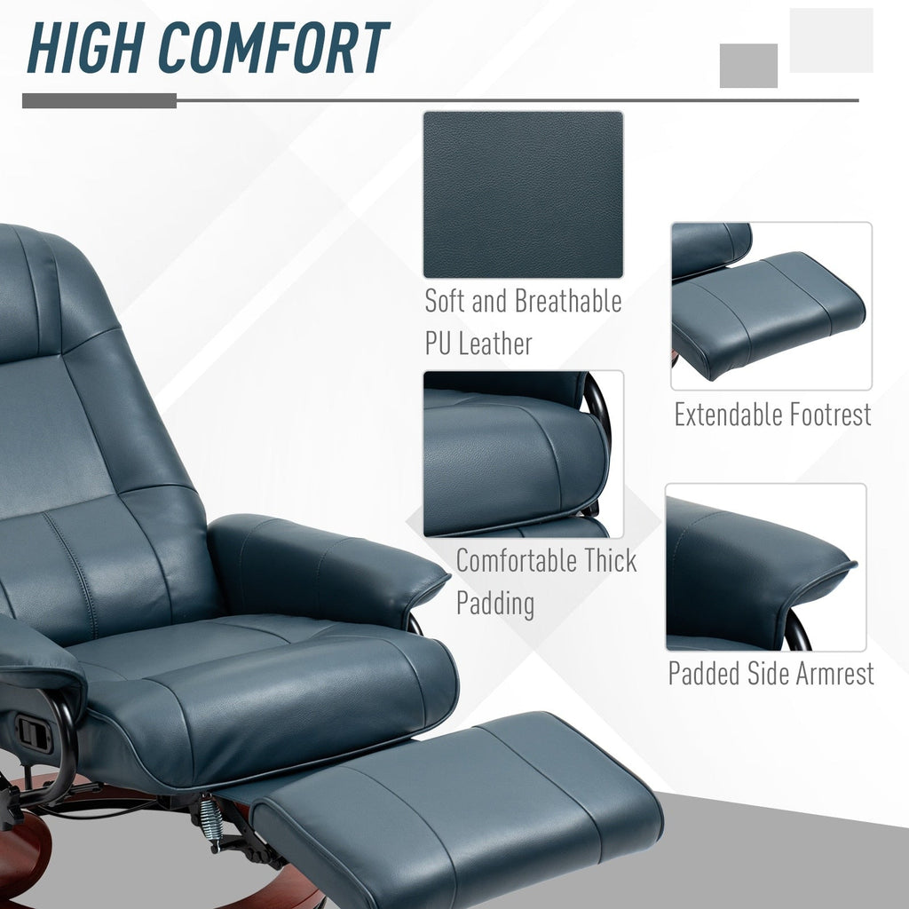 Fauteuil inclinable pivotant manuel en similicuir avec repose-pieds, accoudoirs et base en bois enveloppée