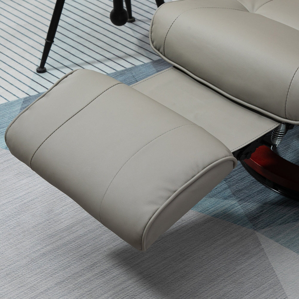 Fauteuil inclinable pivotant manuel en similicuir avec repose-pieds, accoudoirs et base en bois enveloppée