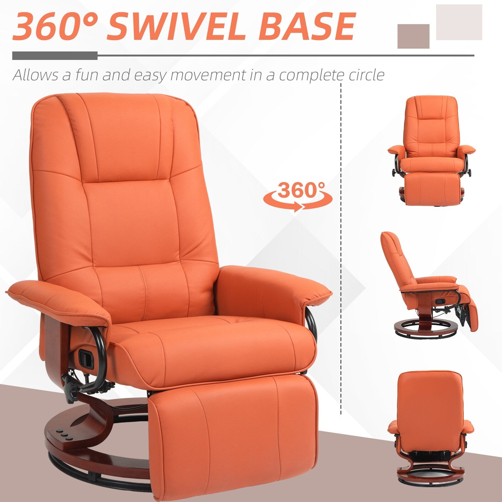 Fauteuil inclinable pivotant manuel en similicuir avec repose-pieds, accoudoirs et base en bois enveloppée