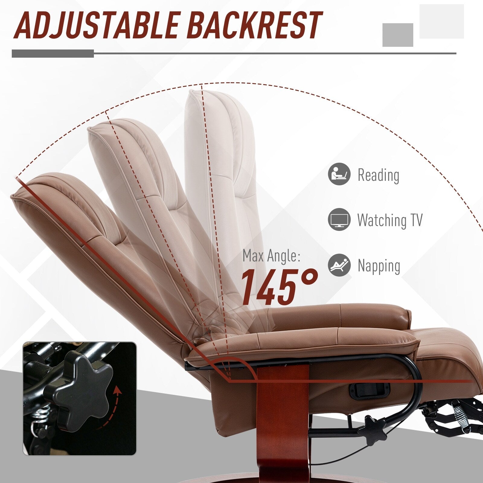 Fauteuil inclinable pivotant manuel en similicuir avec repose-pieds, accoudoirs et base en bois enveloppée