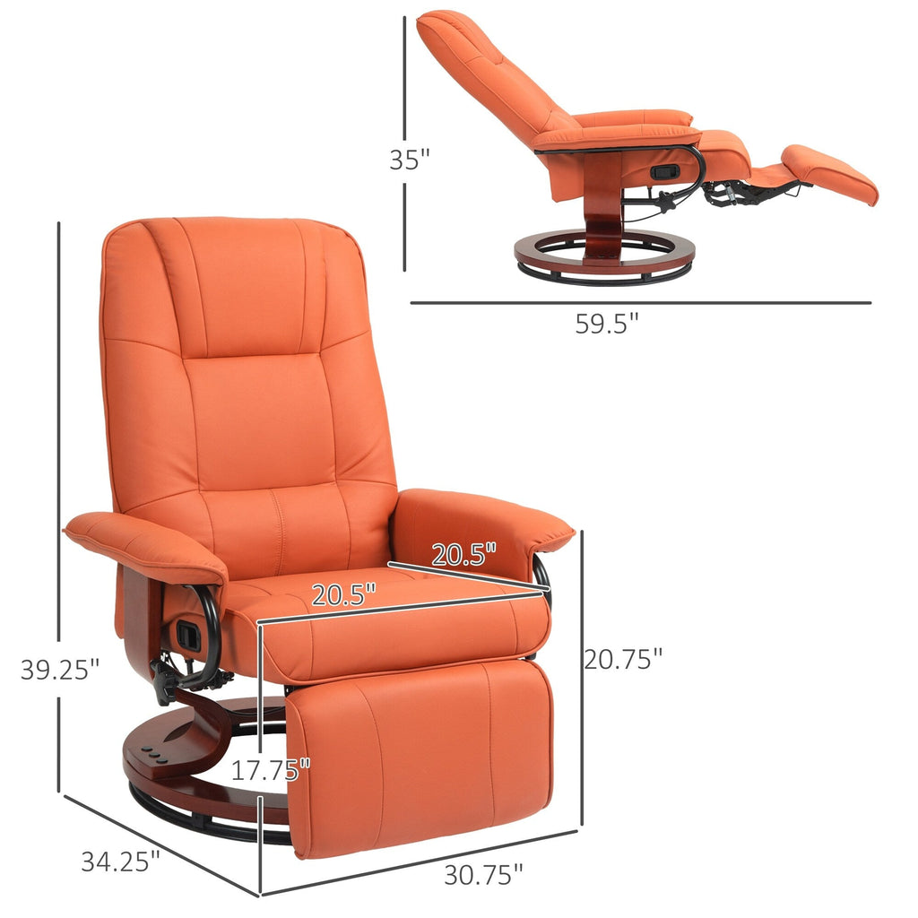 Fauteuil inclinable pivotant manuel en similicuir avec repose-pieds, accoudoirs et base en bois enveloppée