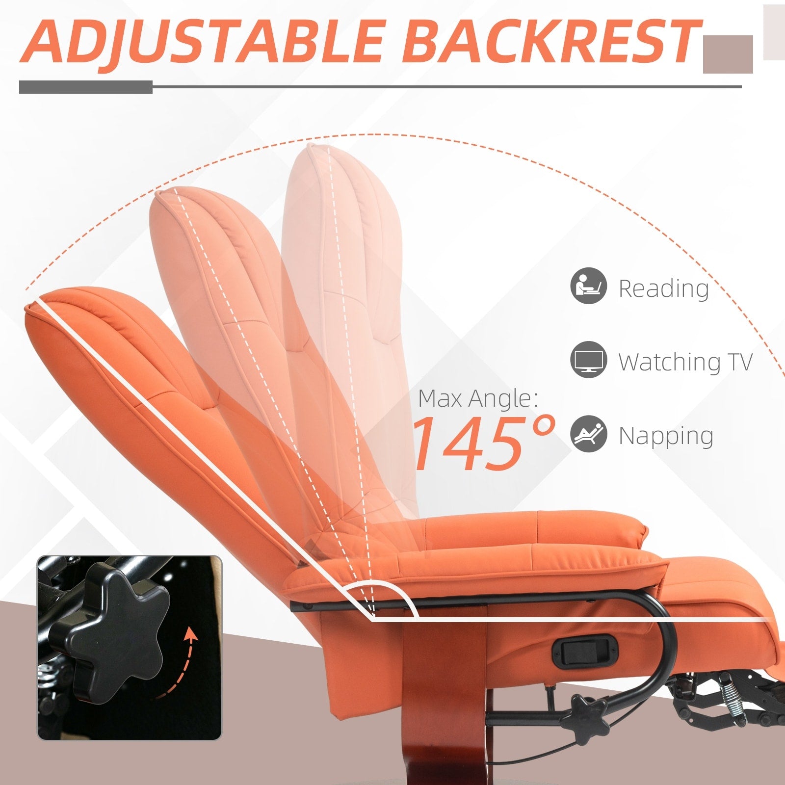 Fauteuil inclinable pivotant manuel en similicuir avec repose-pieds, accoudoirs et base en bois enveloppée
