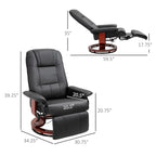 Fauteuil inclinable pivotant manuel en similicuir avec repose-pieds, accoudoirs et base en bois enveloppée