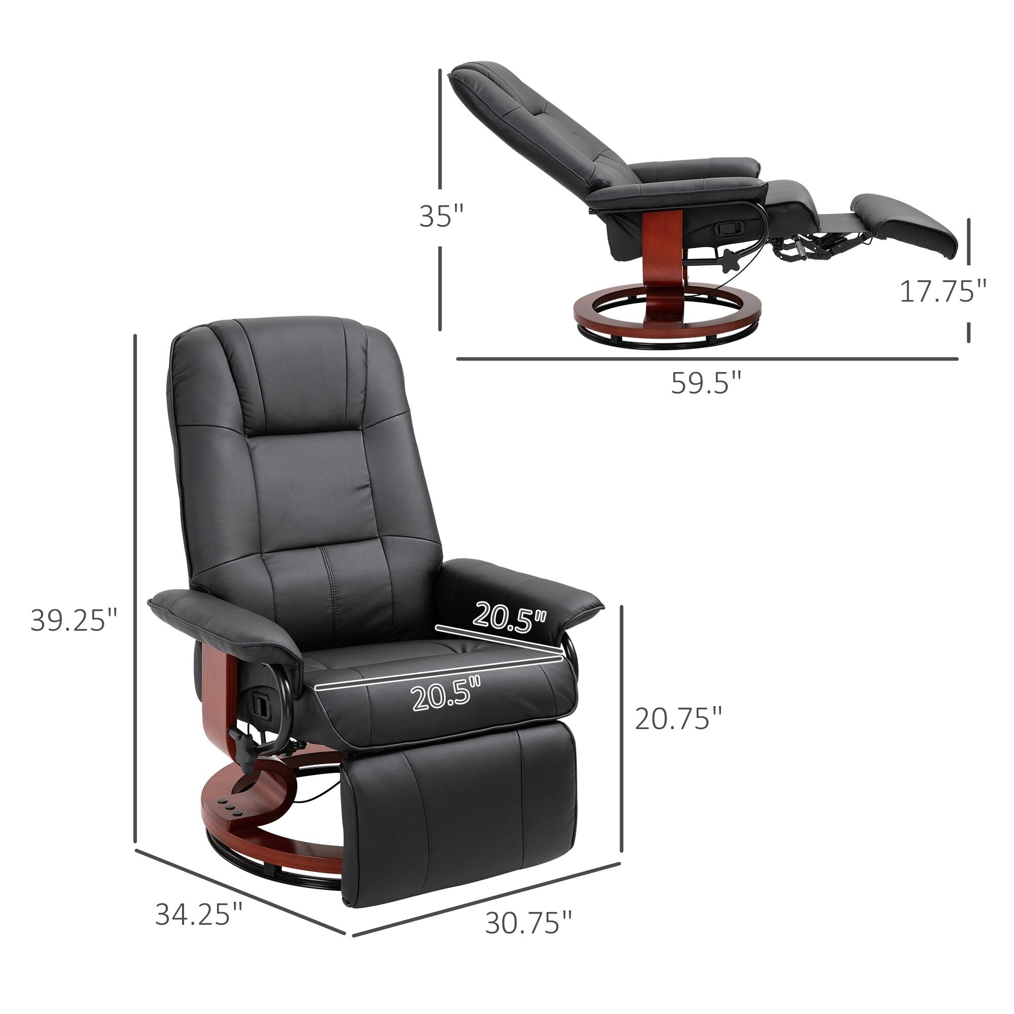 Fauteuil inclinable pivotant manuel en similicuir avec repose-pieds, accoudoirs et base en bois enveloppée