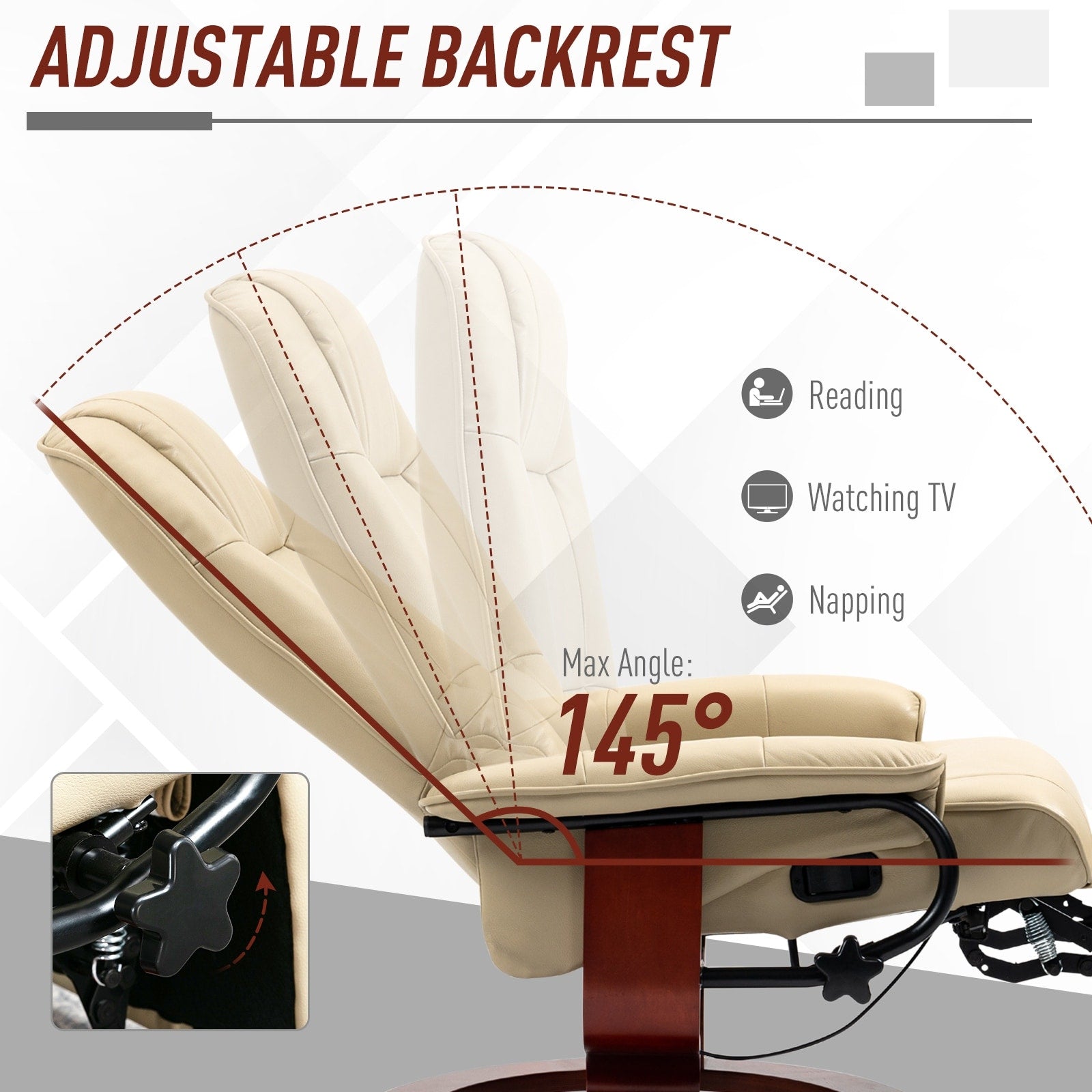 Fauteuil inclinable pivotant manuel en similicuir avec repose-pieds, accoudoirs et base en bois enveloppée