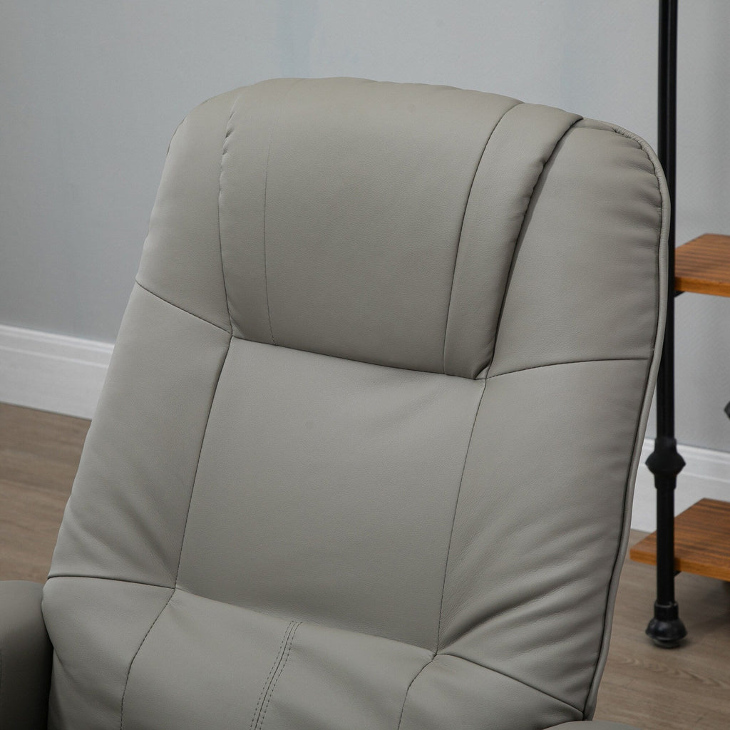 Fauteuil inclinable pivotant manuel en similicuir avec repose-pieds, accoudoirs et base en bois enveloppée