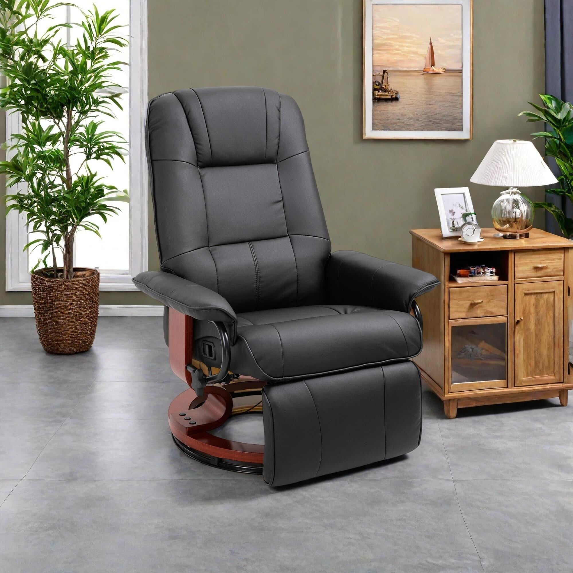 Fauteuil inclinable pivotant manuel en similicuir avec repose-pieds, accoudoirs et base en bois enveloppée