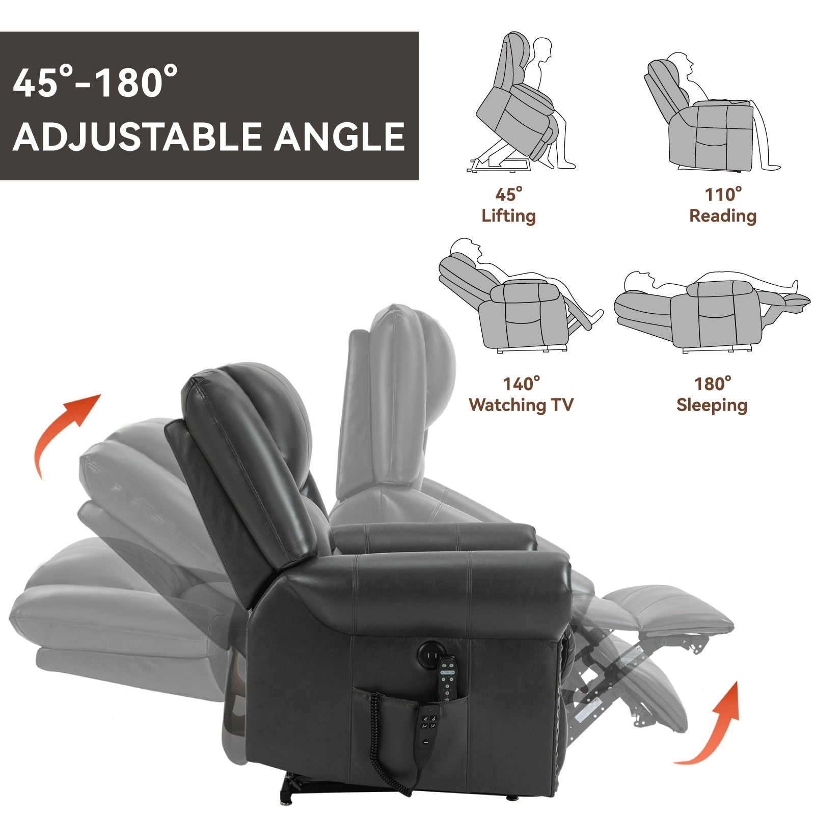 Fauteuil inclinable électrique en similicuir avec double moteur, massage thermique, ports USB et inclinaison infinie pour personnes âgées