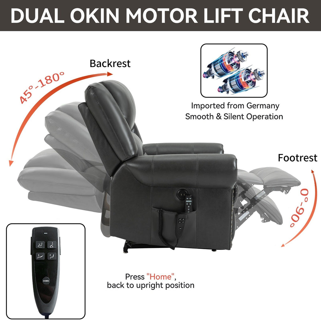 Fauteuil inclinable électrique en similicuir avec double moteur, massage thermique, ports USB et inclinaison infinie pour personnes âgées