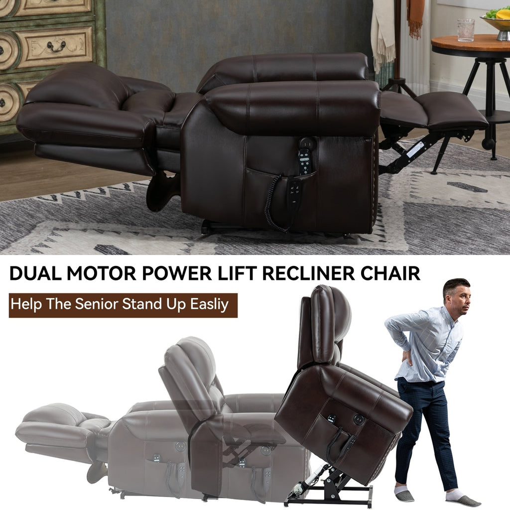 Fauteuil inclinable électrique en similicuir avec double moteur, massage thermique, ports USB et inclinaison infinie pour personnes âgées