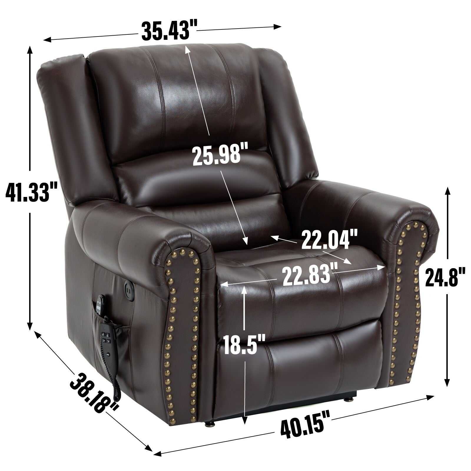 Fauteuil inclinable électrique en similicuir avec double moteur, massage thermique, ports USB et inclinaison infinie pour personnes âgées