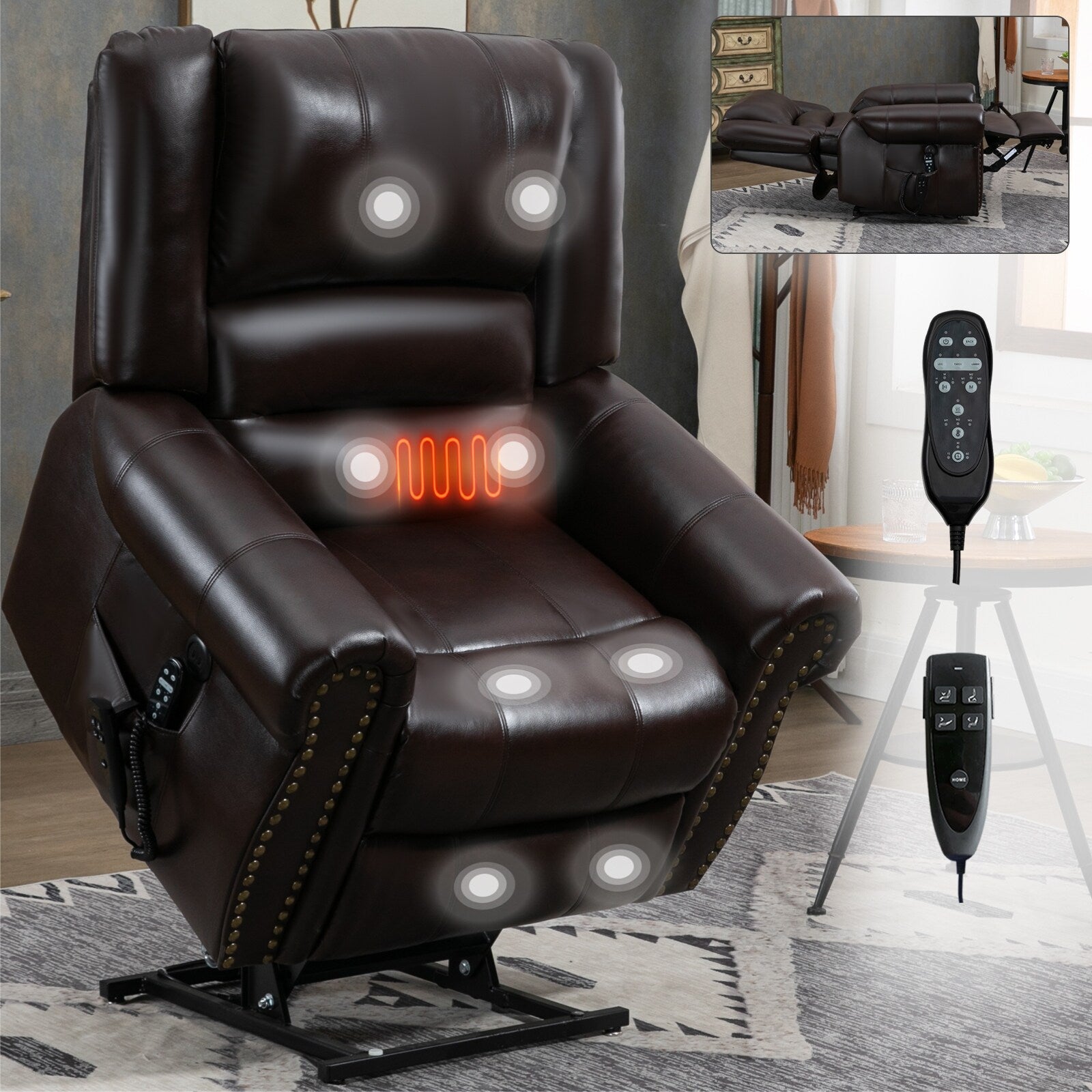 Fauteuil inclinable électrique en similicuir avec double moteur, massage thermique, ports USB et inclinaison infinie pour personnes âgées